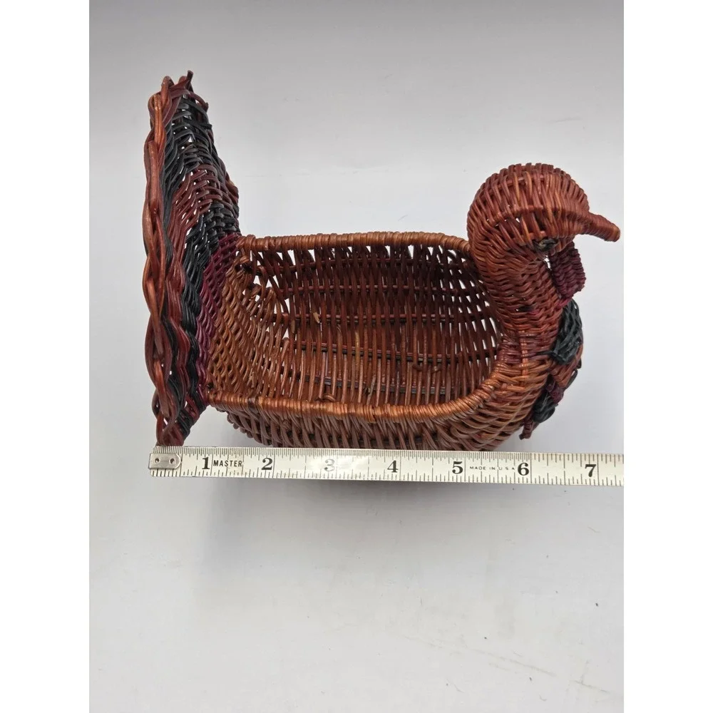 Vintage Woven Wicker Rattan Turkey Basket Thanksgiving Fall Decor Centerpiece